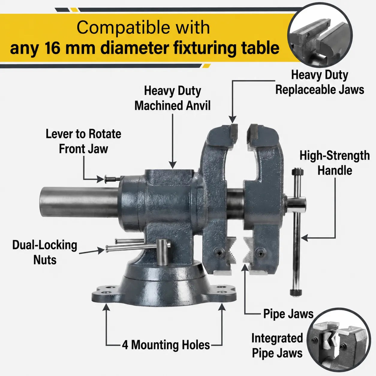 Vise with 360° Rotating Jaw & Base, 16 mm Mounting