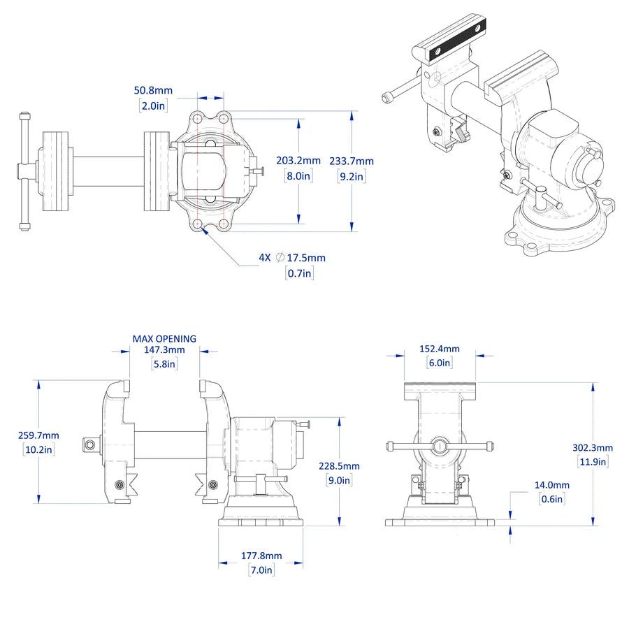 Vise with 360° Rotating Jaw & Base, 16 mm Mounting