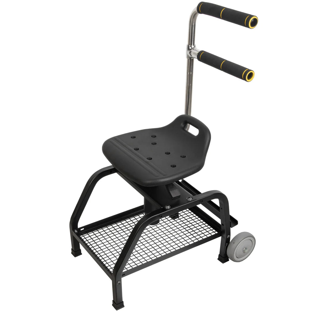 Work Rover Stool w/ Backing, Two Rolling Wheels