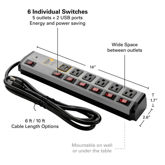 Surge Protector Power Strips w/ USB Port, Metal Case